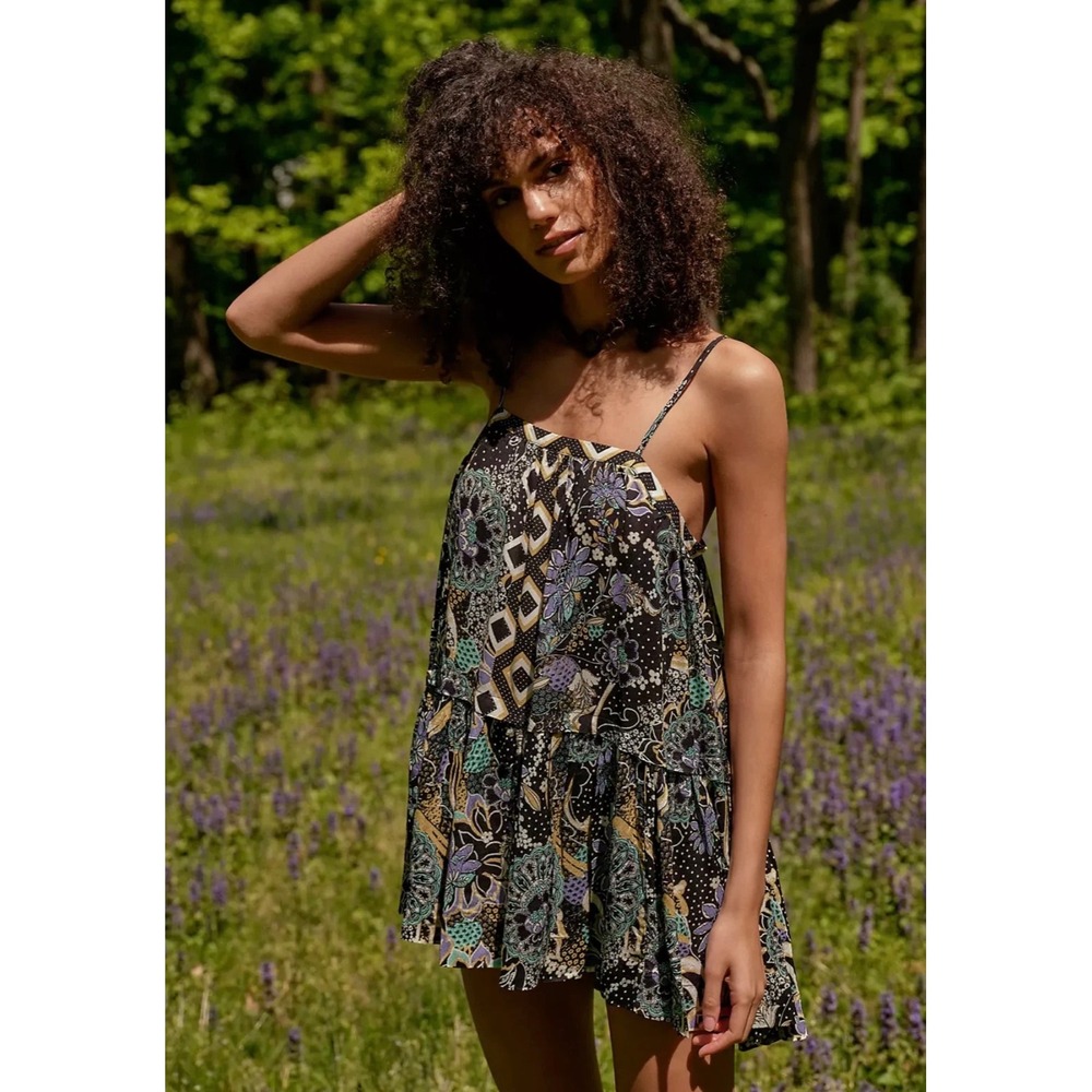 Free People Get A Clue Mini Dress Mixed Paisley Floral Print Black‎ Yellow